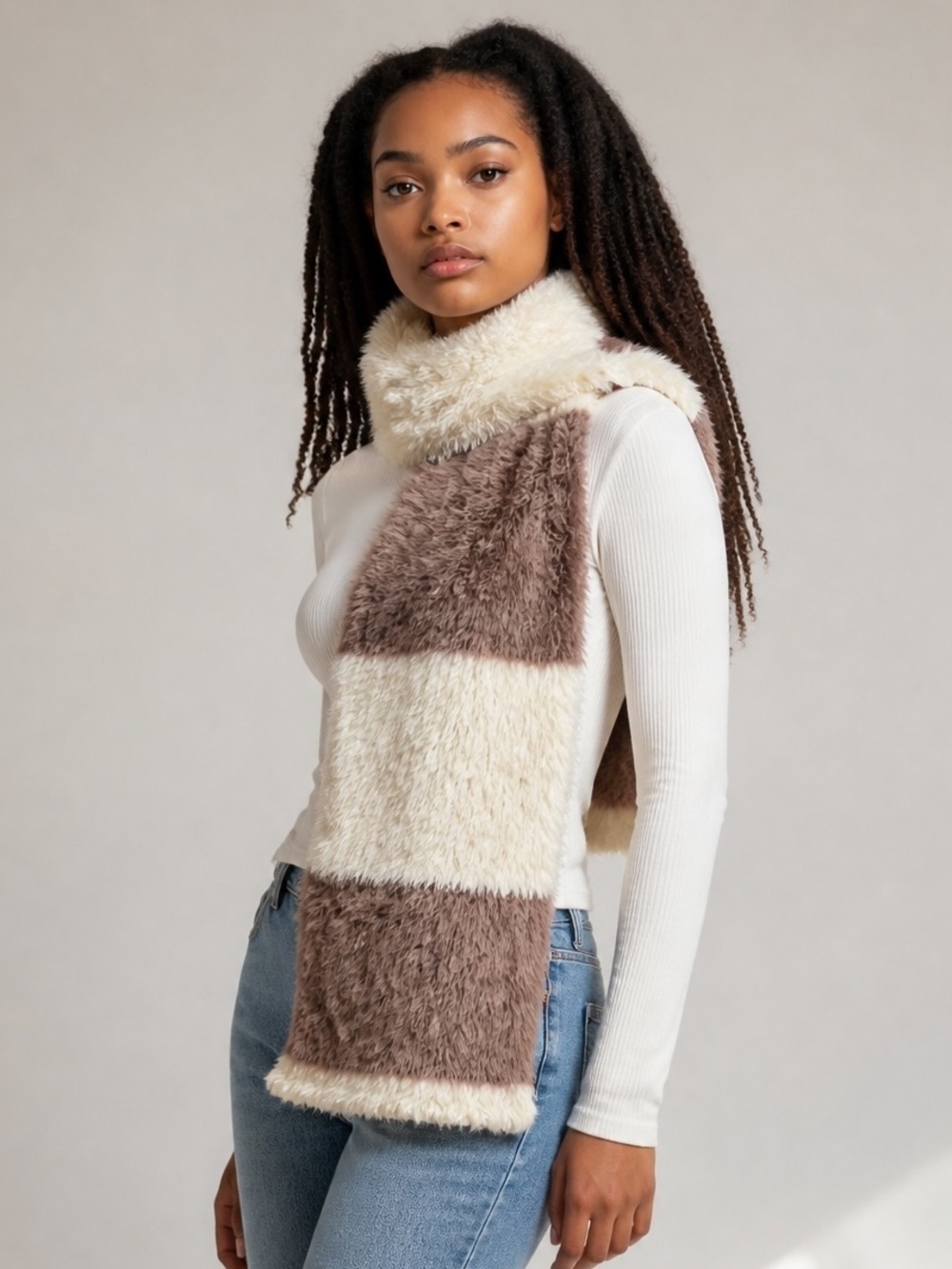 KM Choice Faux Fur Color Block Oblong Scarf